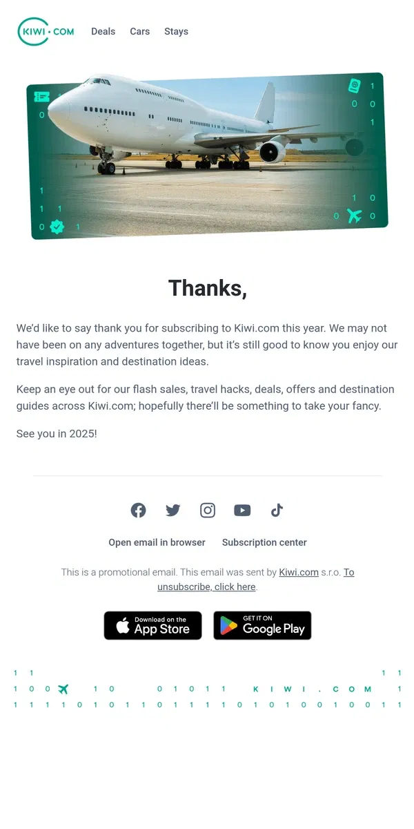 Email from Kiwi.com. From Kiwi.com to you: thank you