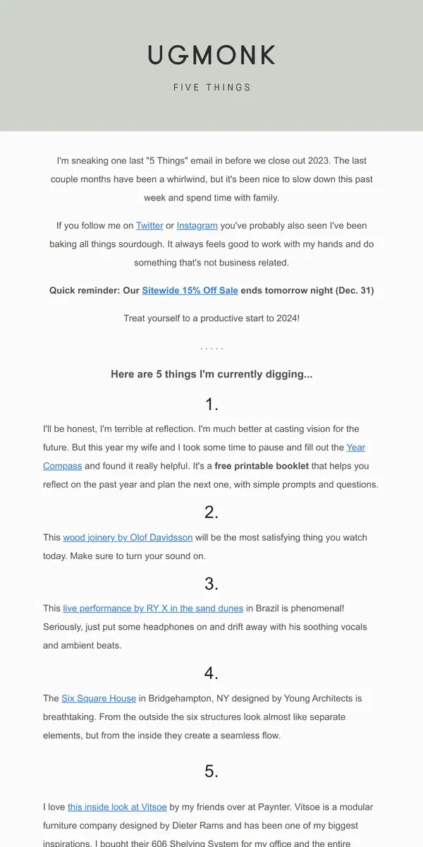 Email from Ugmonk. 5 things I'm digging – December edition
