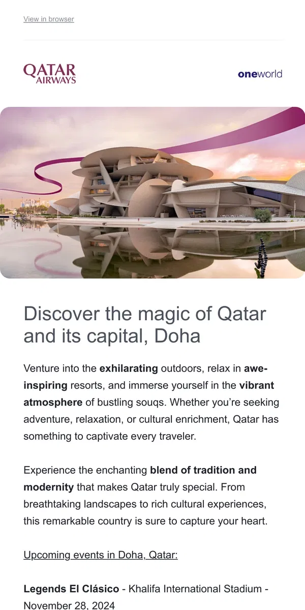 Email from Qatar Airways. Discover the magic of Qatar and its capital, Doha