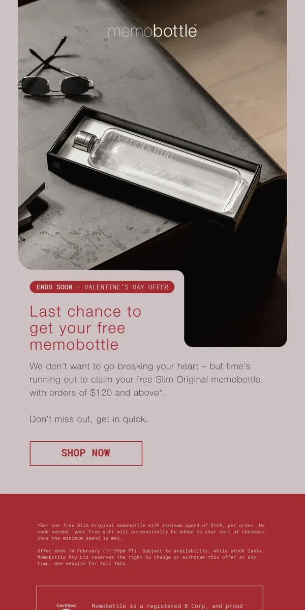 Email from memobottle. Last chance to get your free memobottle️