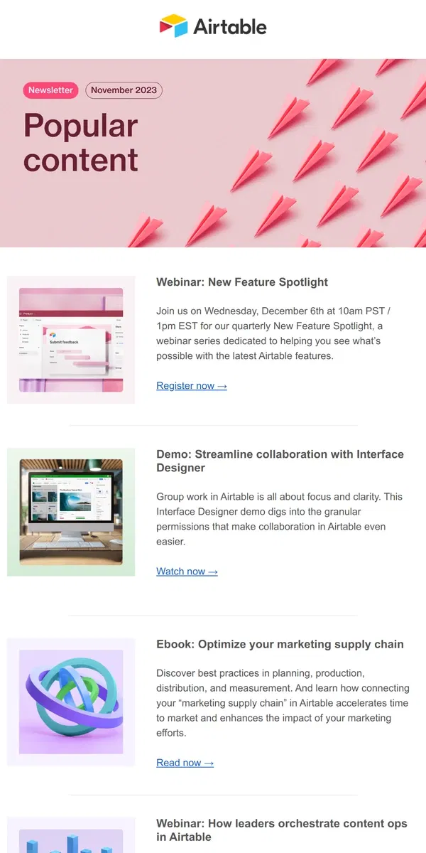 Email from Airtable. Newsletter | New features, webinars, demos, and ebooks