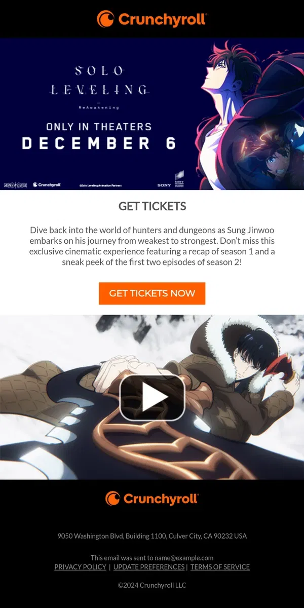 Email from Crunchyroll. 🎥 Solo Leveling -ReAwakening- Tickets On Sale Now