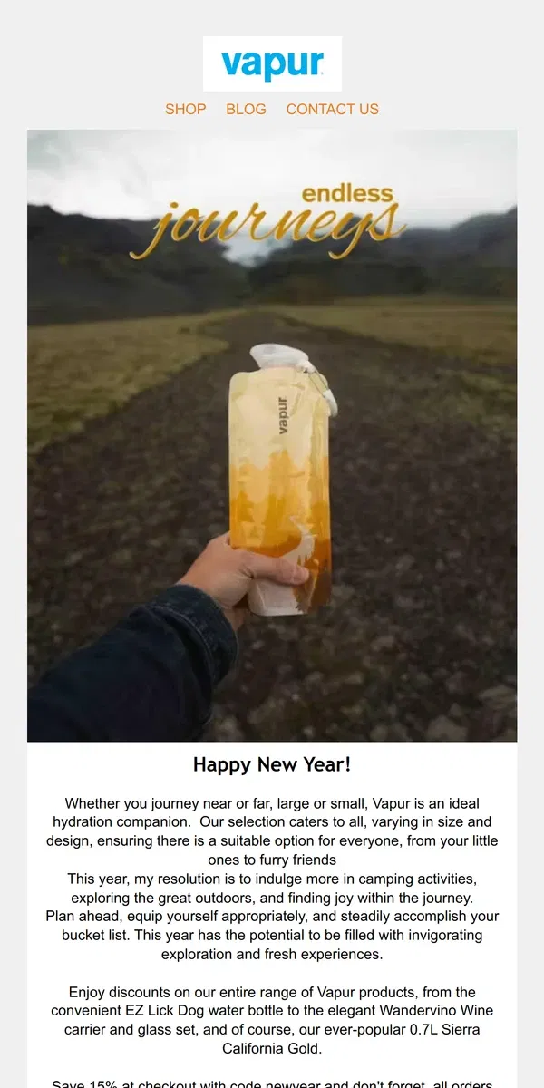 Email from Vapur. Kickstart the New Year by embarking on a fresh adventure! Enjoy savings on Vapur Hydration to stay refreshed during your journey.