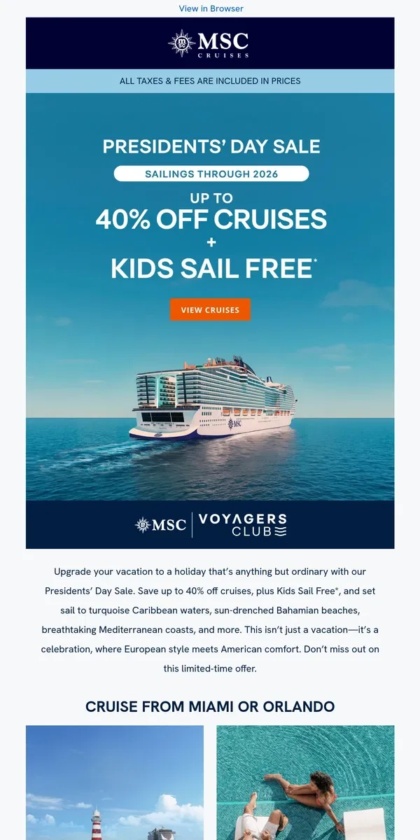 Email from MSC Cruises. Go on Holiday With Our Presidents’ Day Sale!