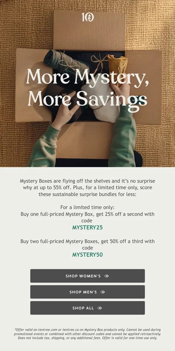 Email from tentree. BOGO Mystery Box Offer 📦 👀