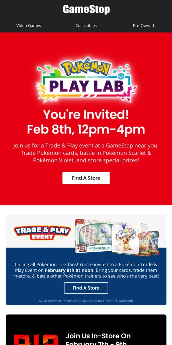 Email from GameStop. Join us for a Pokémon TCG Trade & Play Event near you!