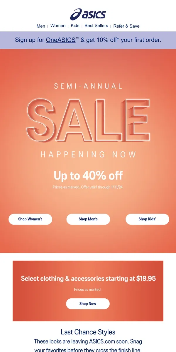 Email from ASICS. Up to 40% OFF continues!