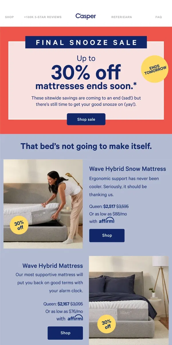 Email from Casper. The Final Snooze Sale’s Final Countdown.