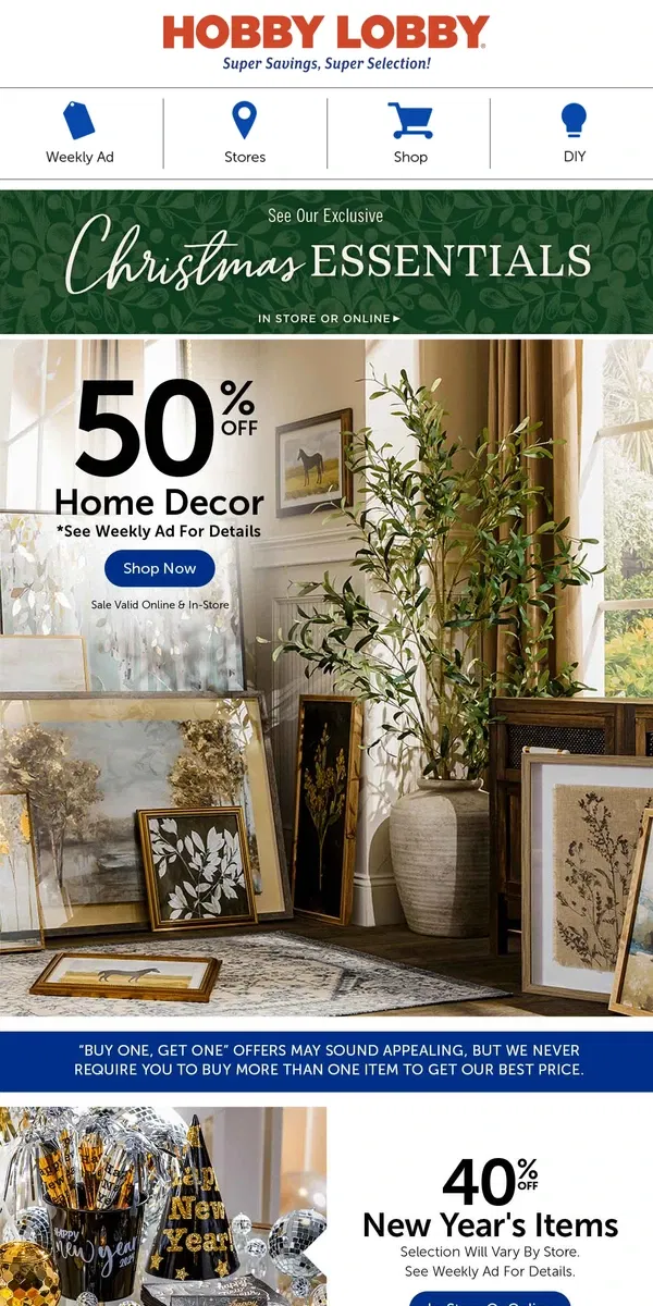 Email from Hobby Lobby. Refresh Your Home With 50% Off Home Decor!