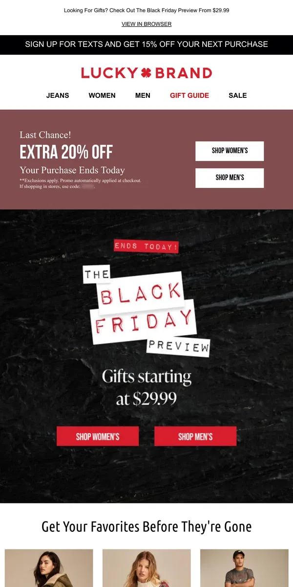 Email from Lucky Brand. ⏰ FINAL HOURS! Extra 20% Off Online & In Stores