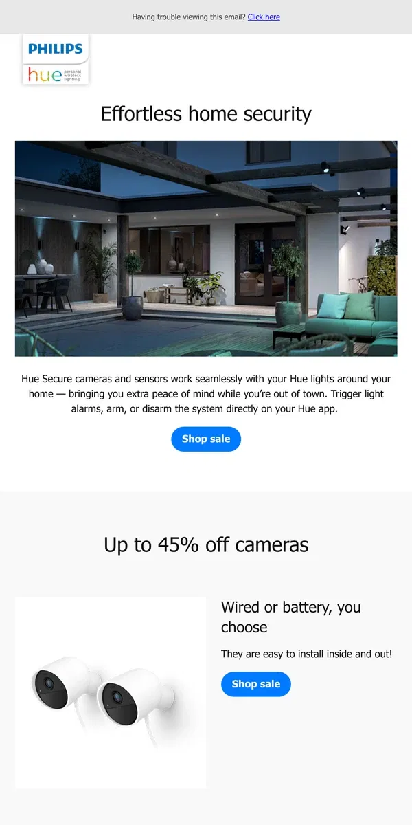 Email from Philips Hue. Last chance to save up to 45% on cameras