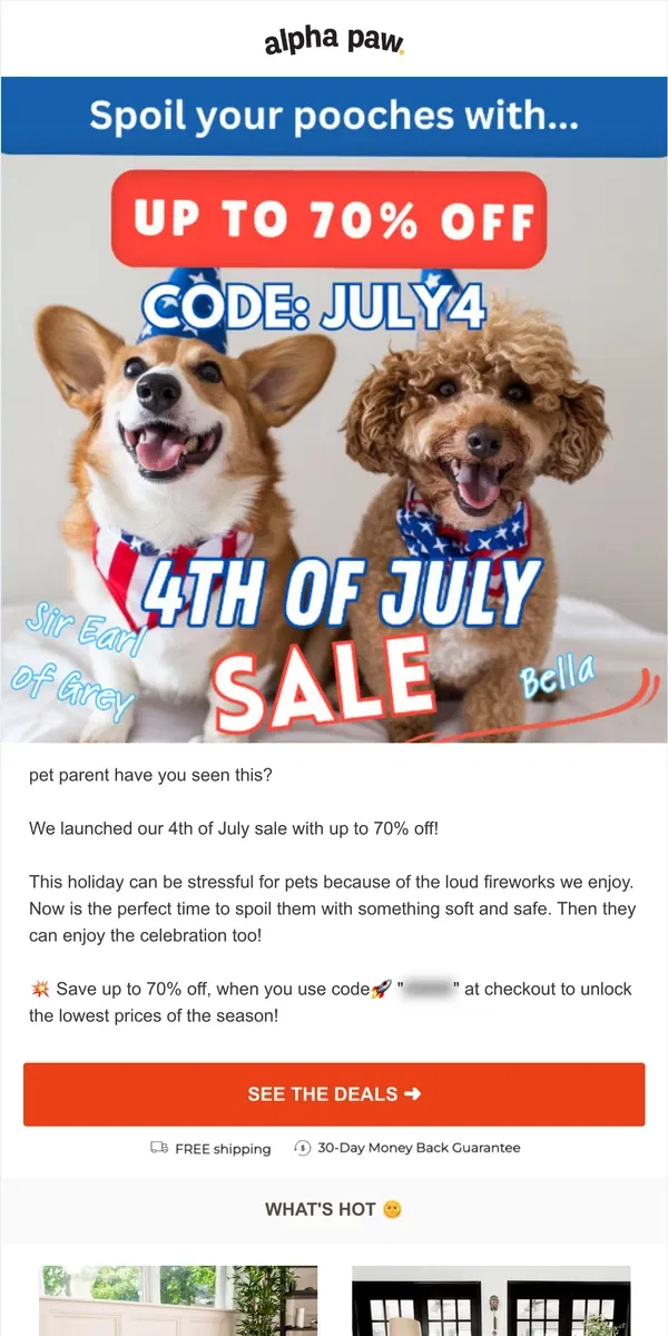 Email from Alpha Paw. 70% Off for 4th of July? It's on! 💥