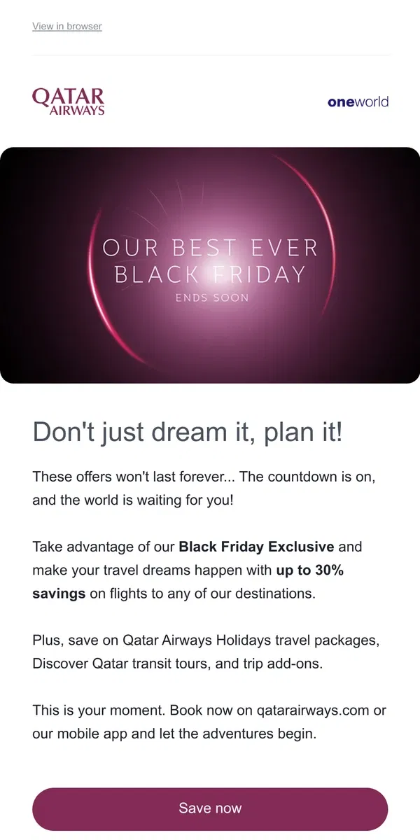 Email from Qatar Airways. Don't miss out on Black Friday Exclusive