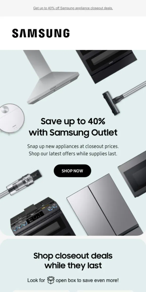 Email from Samsung. [Name], save more on premium appliances with Samsung Outlet