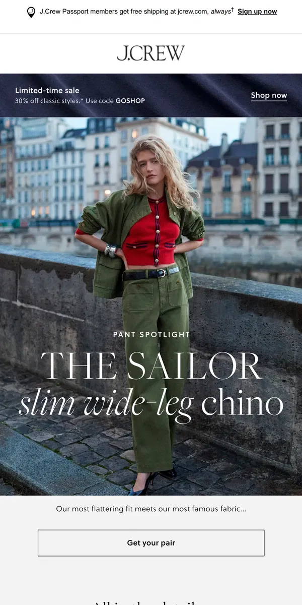 Email from J.Crew. Pant spotlight: the sailor slim wide-leg chino