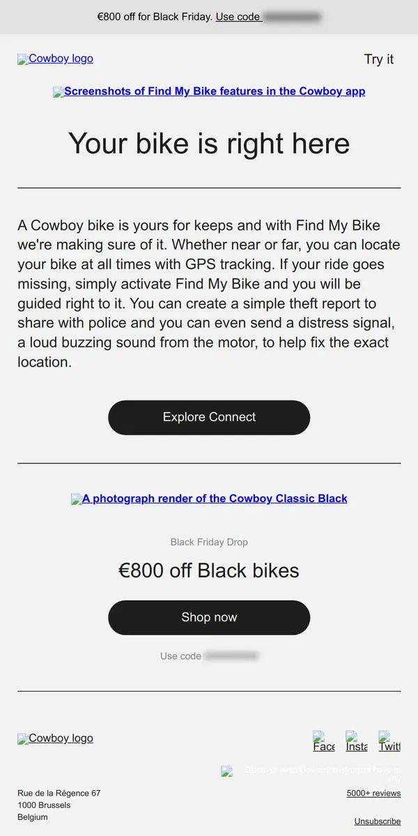 Email from Cowboy. Find My Bike launch | €800 off for Black Friday