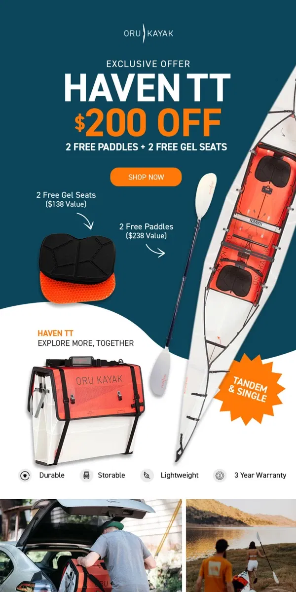 Email from Oru Kayak. Seeking shared adventures? $200 off Haven TT