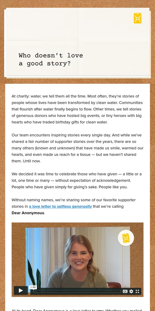 Email from charity: water. Our love letter to your selfless generosity