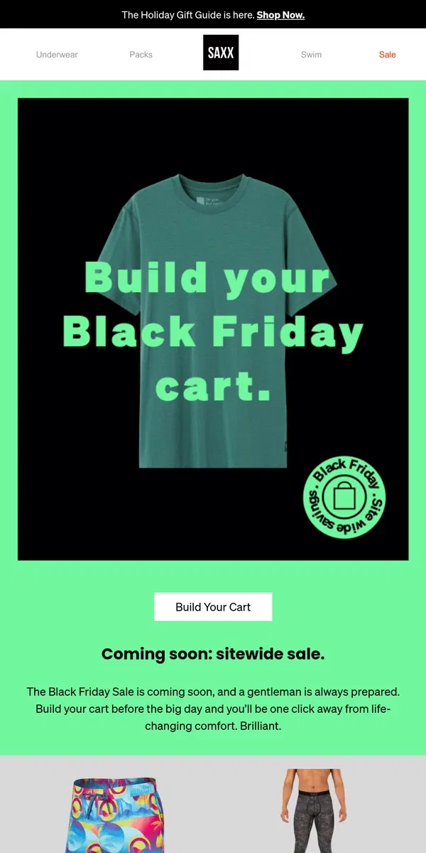 Email from SAXX Underwear. Build your Black Friday cart 🛒