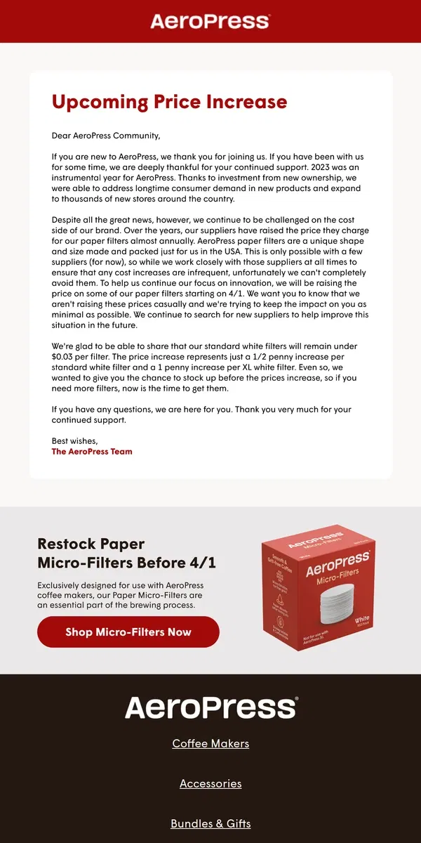 Email from AeroPress. Upcoming Price Increase