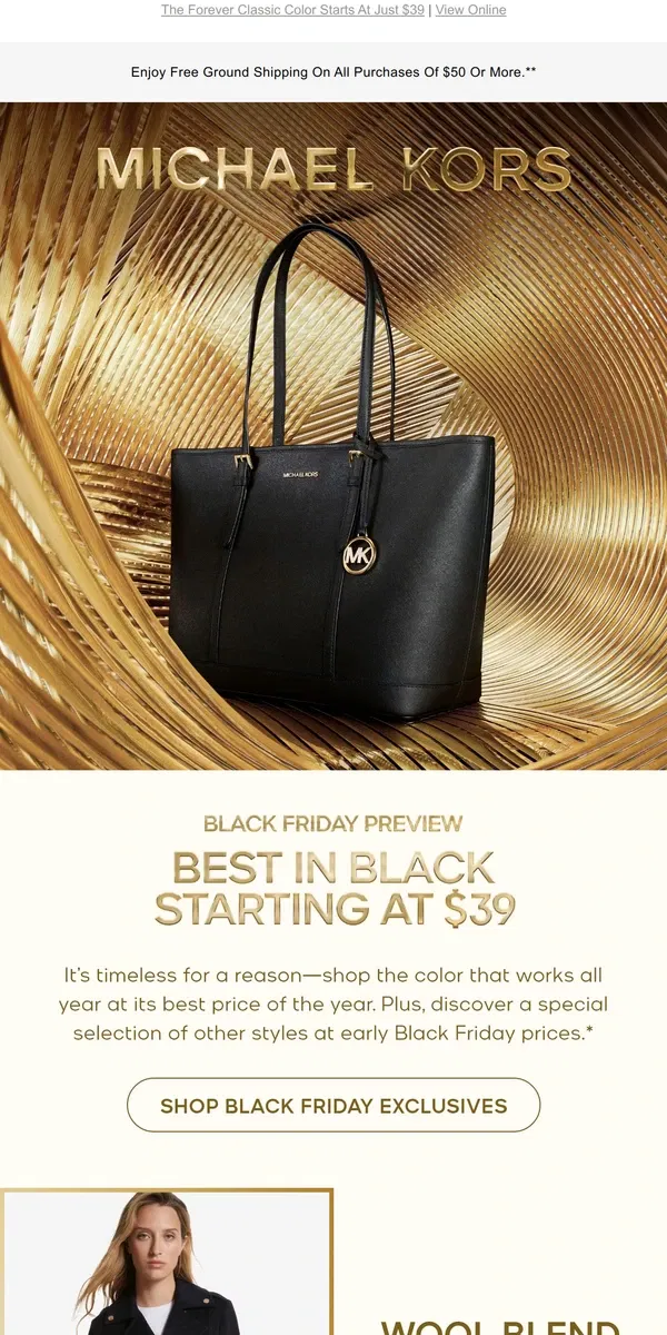 Email from Michael Kors. Black Styles At Early Black Friday Prices