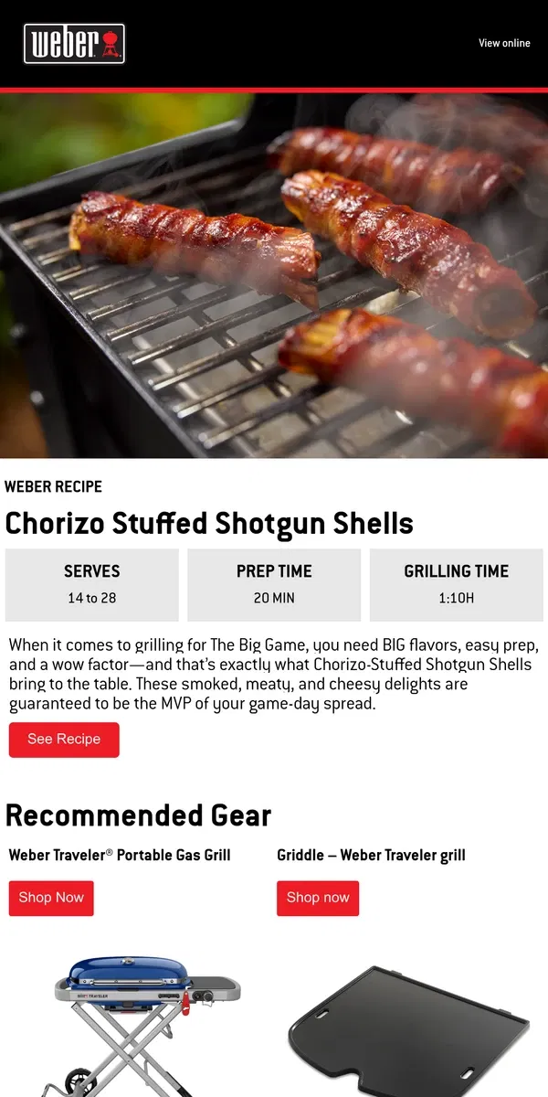 Email from Weber. Touchdown Taste With Chorizo Stuffed Shells