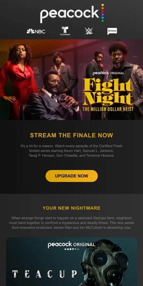 Email from Peacock. SERIES FINALE | Fight Night: The Million Dollar Heist 🥊