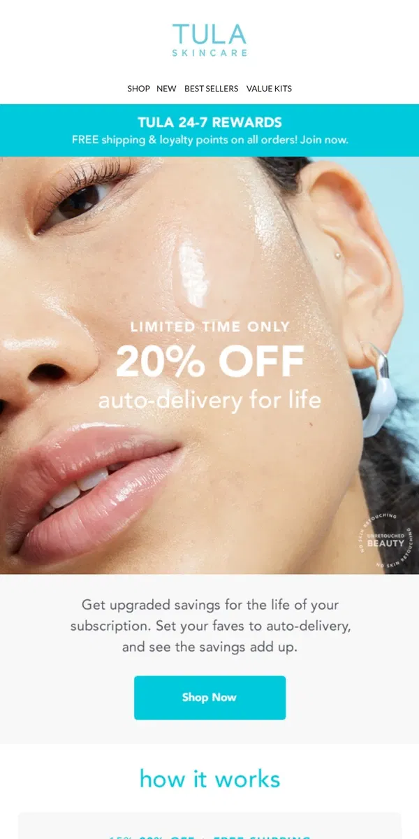 Email from TULA Skincare. 20% off auto-delivery for life!