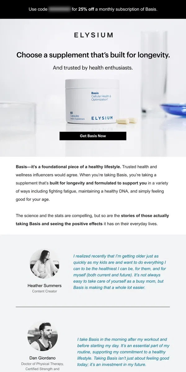 Email from Elysium Health. Basis: Your healthy lifestyle foundation.