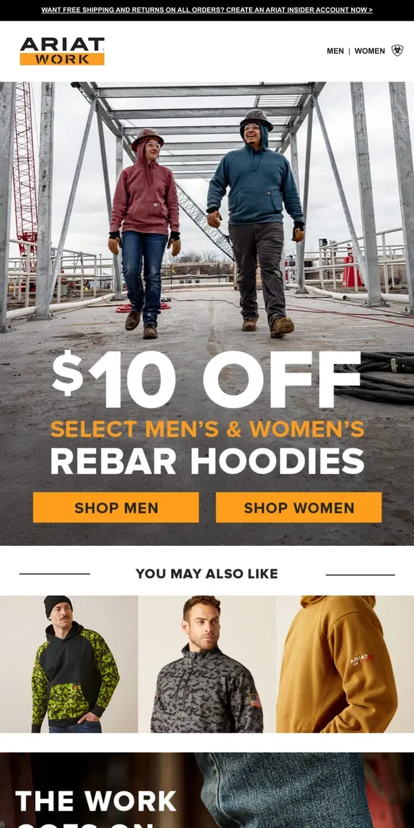 Email from Ariat. Limited-Time Offer: $10 Off Select Rebar Hoodies­