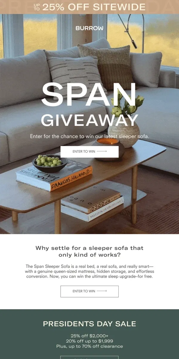 Email from Burrow. Enter to win our brand new sleeper sofa, Span