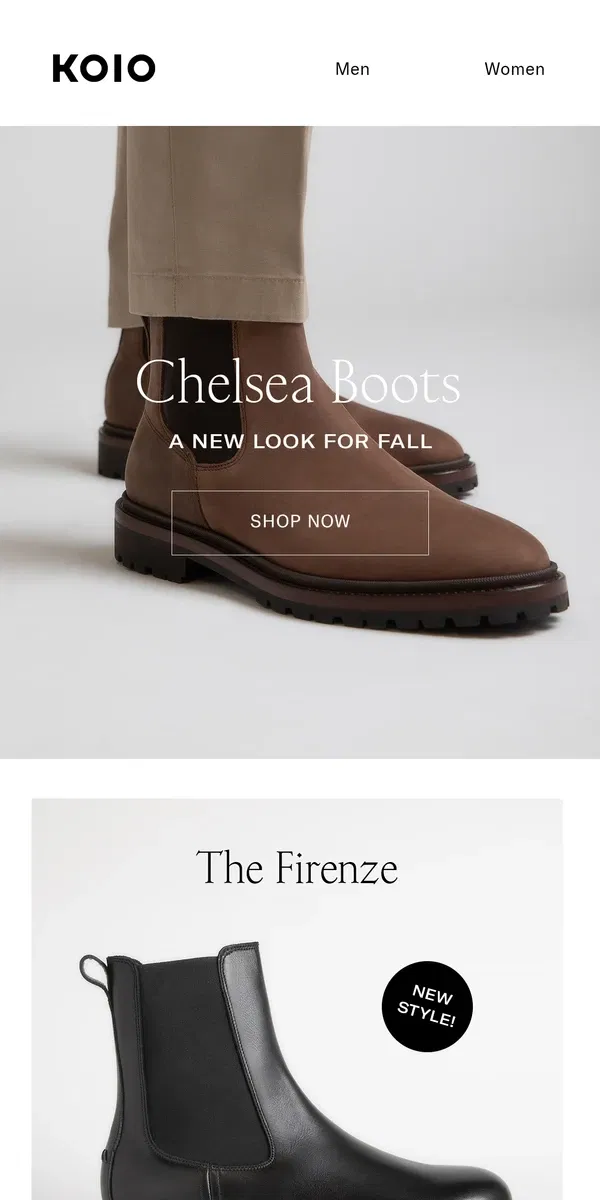 Email from Koio. CHELSEA BOOTS ARE HERE