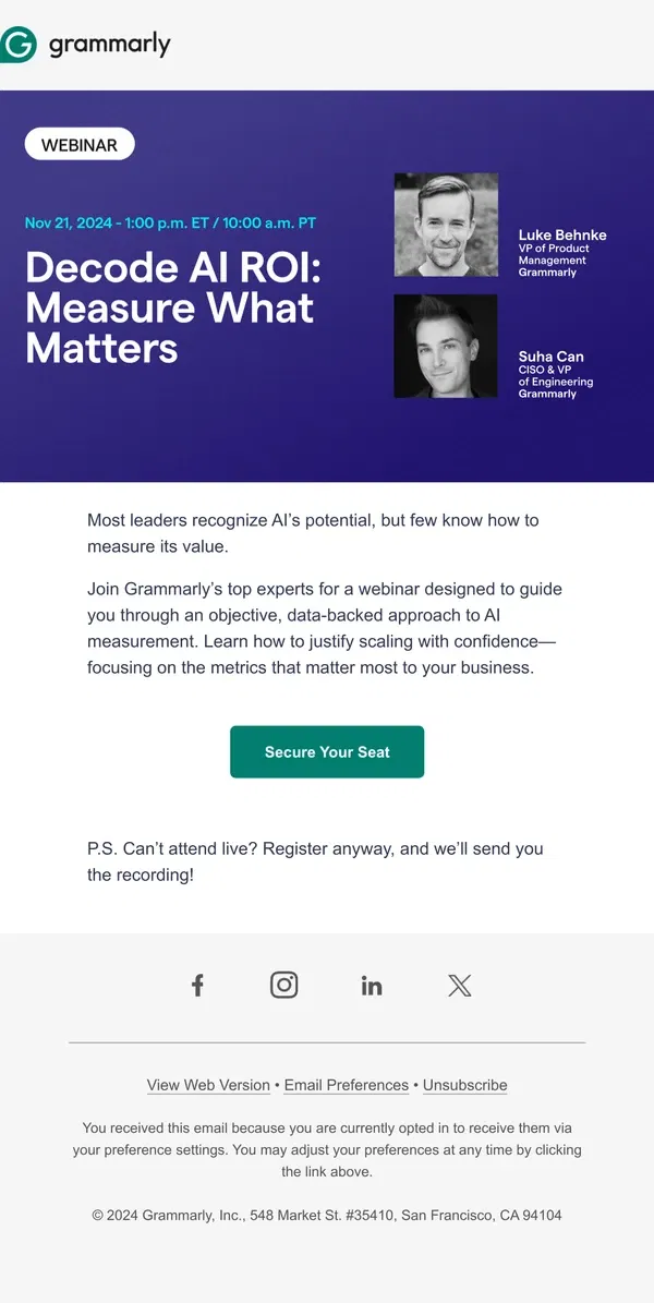 Email from Grammarly. [Webinar] Decode AI ROI: Measure What Matters