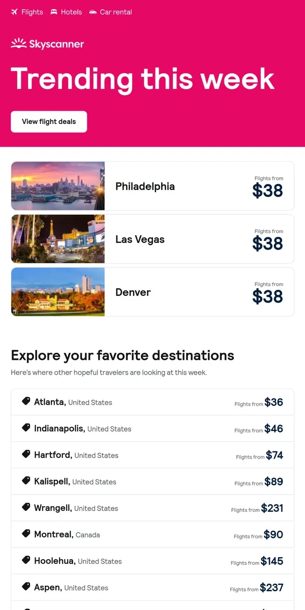 Email from Skyscanner. Philadelphia from $38 and more ✈️