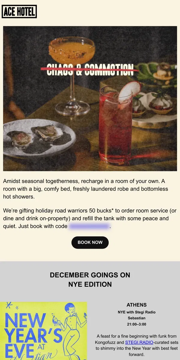 Email from Ace Hotel. Holiday room service on the house