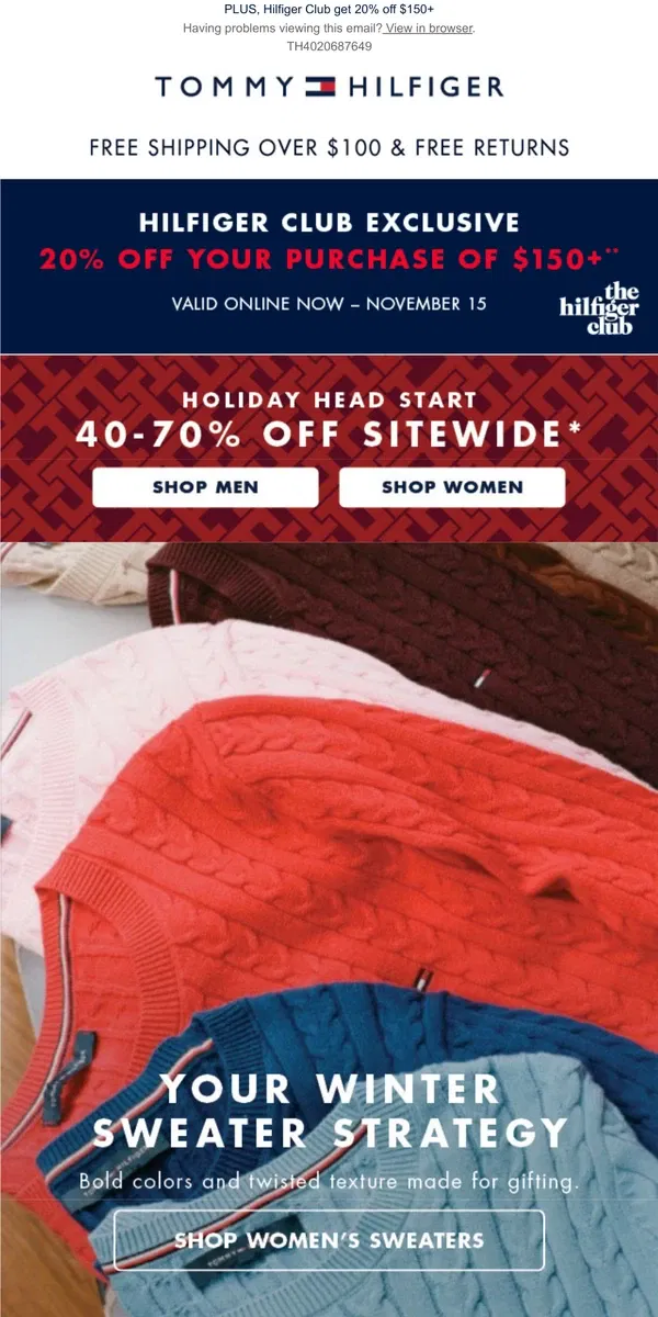 Email from Tommy Hilfiger. Happening Now: 40-70% off sweaters