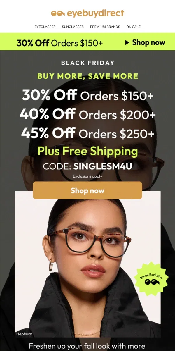 Email from Eyebuydirect. More Eyewear, More Savings! 🤓💰