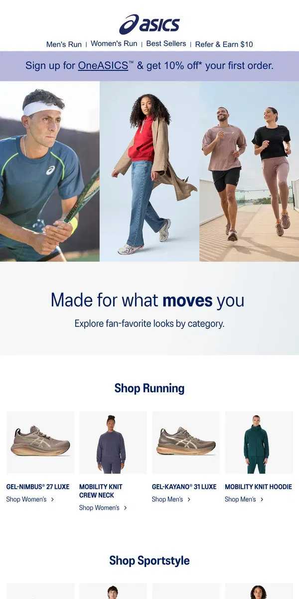 Email from ASICS. For the runners, trendsetters & MVPs