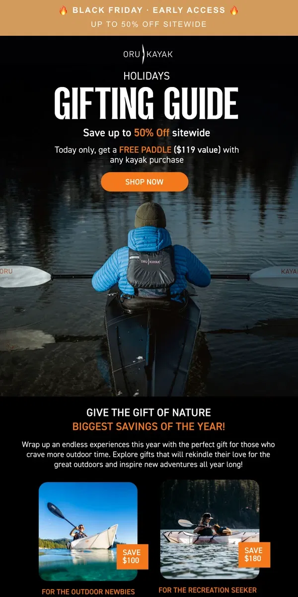 Email from Oru Kayak. Today Only: Up to 50% Off + Free Paddle 🎁