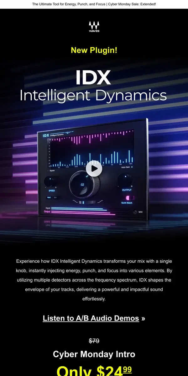 Email from Waves Audio. 🎬 A/B Audio Demos: Hear IDX Intelligent Dynamics in Action