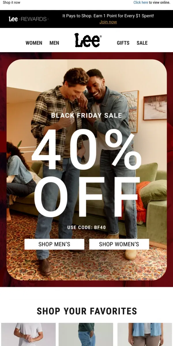 Email from Lee. Final hours for 40% off Black Friday