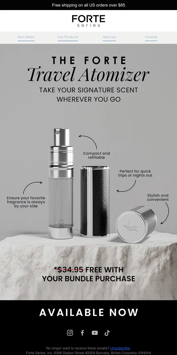 Email from Forte Series. Free Forte Travel Atomizer