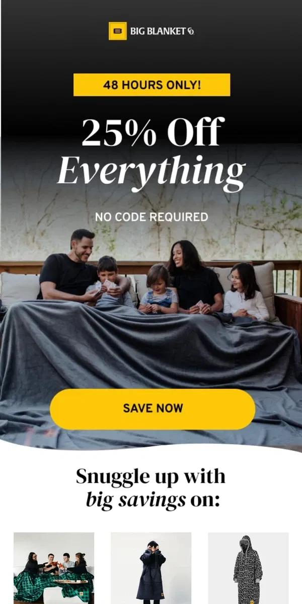 Email from Big Blanket Co. FINAL HOURS: 25% off sitewide