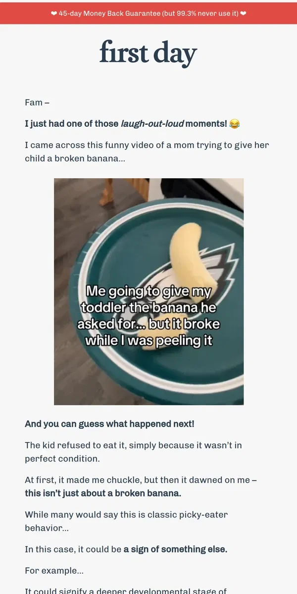 Email from First Day. Broken banana and angry mama 🍌