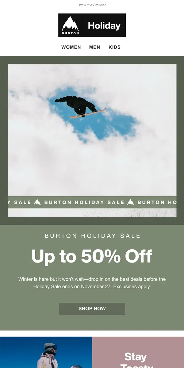 Email from Burton. Holiday Sale is Here with up to 50% Off