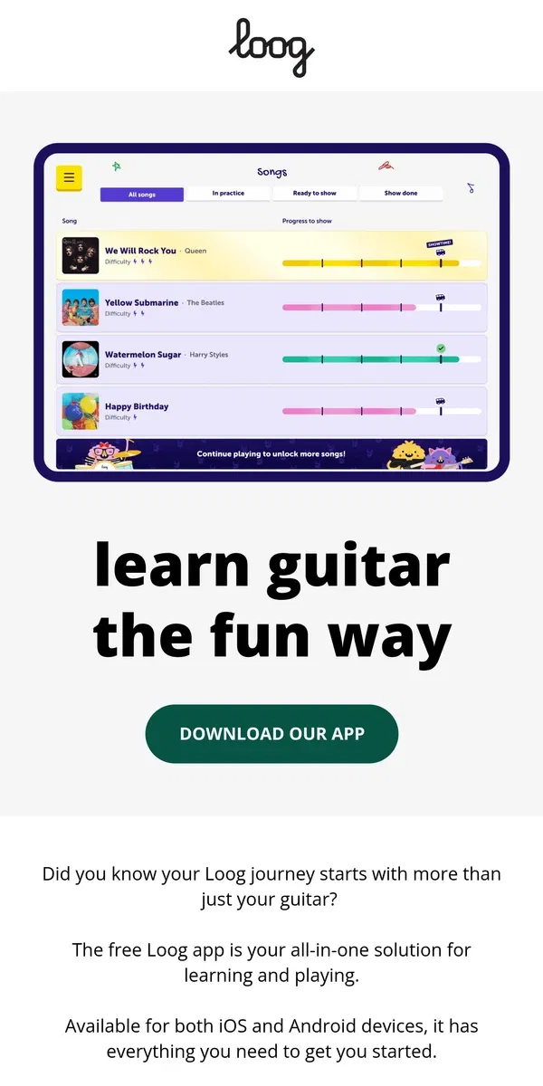 Email from Loog Guitars. Got a new Loog? Get the app! 📱