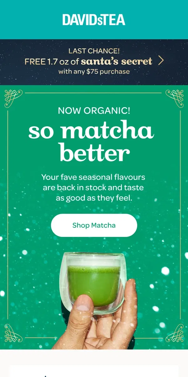 Email from DAVIDsTEA. Organic matcha is back in stock! 💨