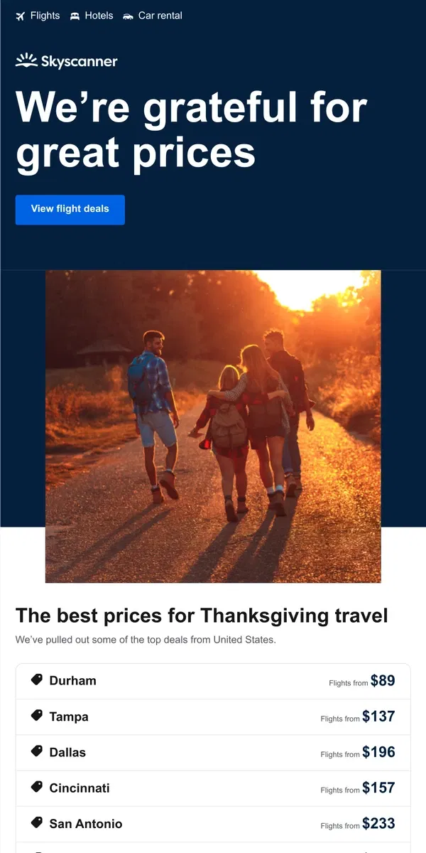 Email from Skyscanner. Want to get somewhere this Thanksgiving? 🦃 ✈️