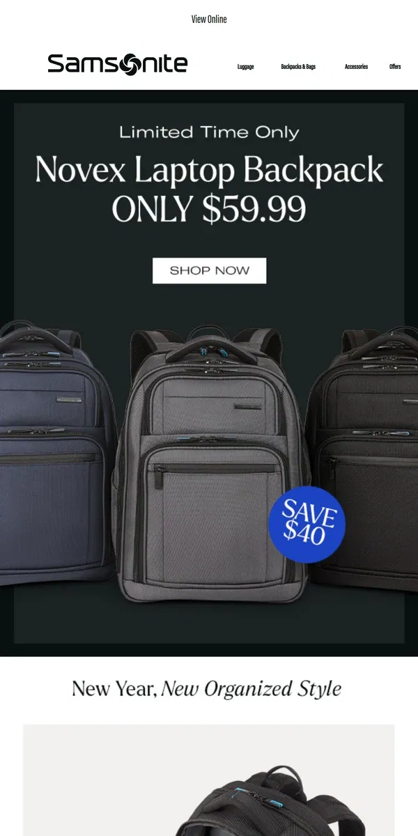 Email from Samsonite. Limited Time Only: Top Rated Backpack Only $59.99