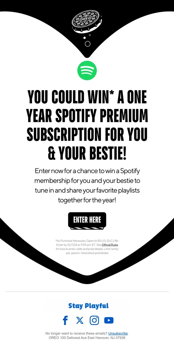 Email from OREO. [Name], Don’t Miss the Chance to Win a Spotify Membership for a Year!